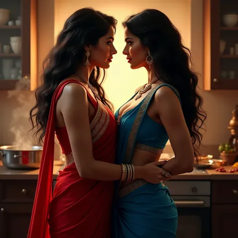 A sexy Indian wife with huge boobs and sexy long hair wearing sexy red  wear saari long clevage standing nose to nose with her rivals hot kiss women who wearing blue sexy saari long clevage big  both women standing in kitchen staring each other angrily loo...