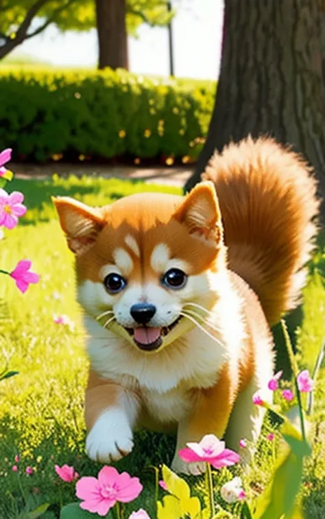 cute、Shiba Inu puppies playing innocently、Depicting a lovely and soothing scene、 A slight smile
