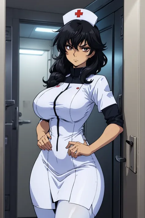 closed mouth, (), ((1girl)), (((genderbend))), (((female))), wide hips, thick thighs, huge breast, narrow waist,  ((skin tight nurse dress)), ((anime artstyle)), long eyelashes, long black hair, bored , (((at day)))