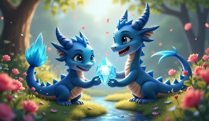 The Blue Dragon happily placing the crystal back in its magical spot. The valley is now bright and colorful, with flowers blooming and the dragon and Sammy, a , celebrating together.