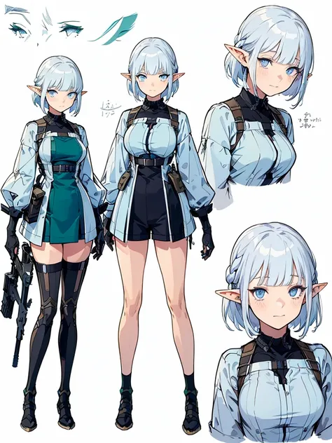 Pointed Ears、Elf、blue eyes、Green casual clothing、Long eyelashes、Silver braided short hair、　sketch (Character design sheet, same characters, whole body, Three-View, front, ~ ~ ~ ~ side, return) 1 female, Nervous,Cowboy Shot,,(Very bright:1.1), White Backgro...