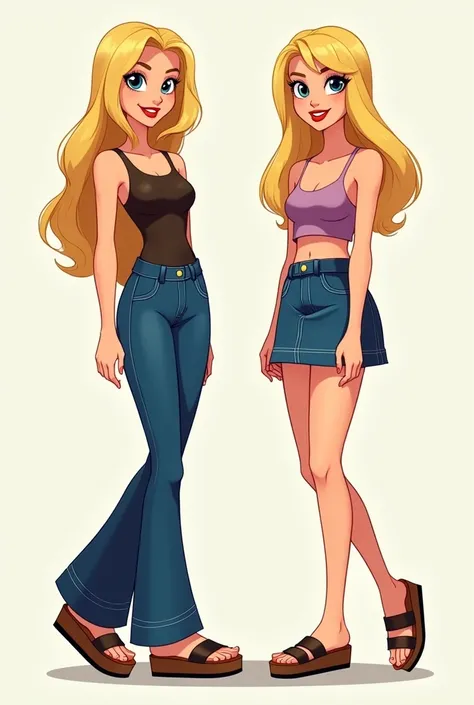 Head to toes potraits of "Sabrina the Animated Series" characters Chloe and Gem. Gem wears a tank top, denim bell-bottomed pants and cork-soled birkenstock platform sandals. Chloe wears a tube top, a denim mini skirt and platform slippers, extremely deatil...