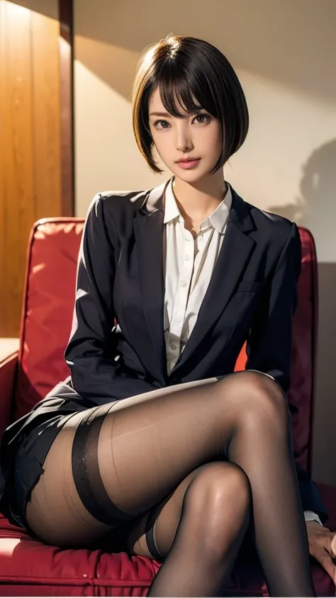 Office, beauty sitting a japanese woman in chair, short hair, beautiful legs, high heels, brown pantyhose, mini skirt suit