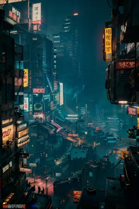 kowloon walled city, cyberpunk version of kowloon,a group of concrete and rusted buildings,a group of dilapidated buildings pile...