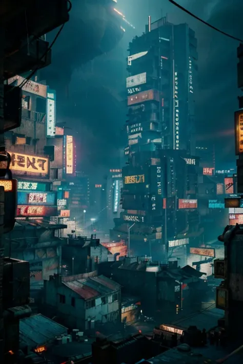 kowloon walled city, cyberpunk version of kowloon,a group of concrete and rusted buildings,a group of dilapidated buildings pile...