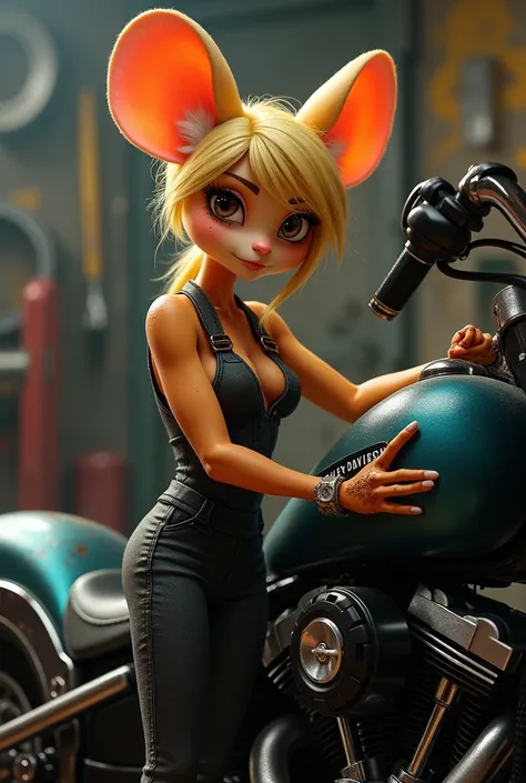  Mouse Gadget Hackwrench in garage, she is fixing her Harley. Humanisation. Sexy, hot