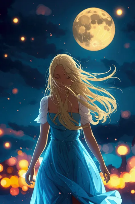 A blonde girl walking towards silver moon in blue light in night