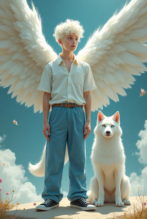 An adult albino male of 1,78 rainbow-colored eyes wearing a blue afternoon pant and a white shirt and black tennis shoes with very large white wings with a white wolf next to him who doesn&#39;t look like a child, more adult, longer hair, who is still a ma...