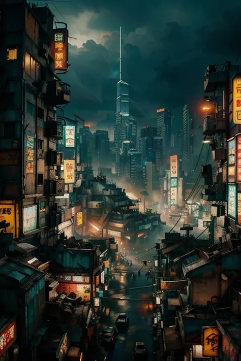 kowloon walled city, cyberpunk version of kowloon,a group of concrete and rusted buildings,a group of dilapidated buildings pile...