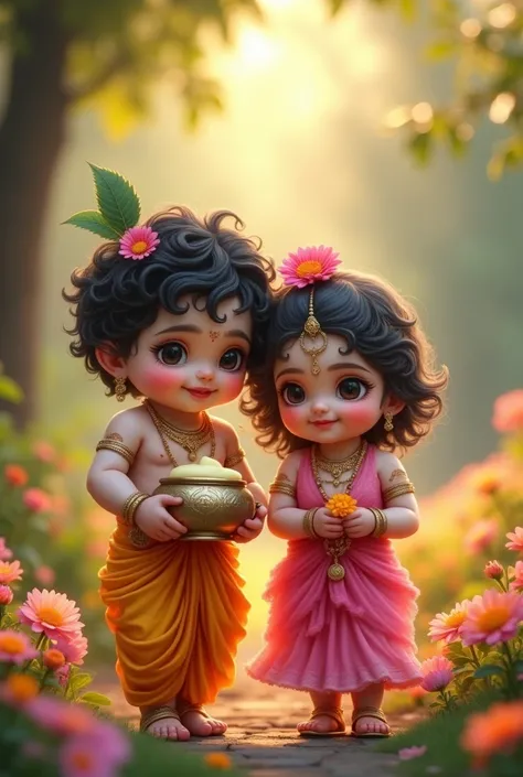 "A beautiful and adorable image of baby Radha and Krishna. In the image, Krishna is depicted as a cute baby with curly dark hair, holding a pot of butter, while beside him is baby Radha, dressed in a pink outfit, holding a flower in her hand. Both have swe...