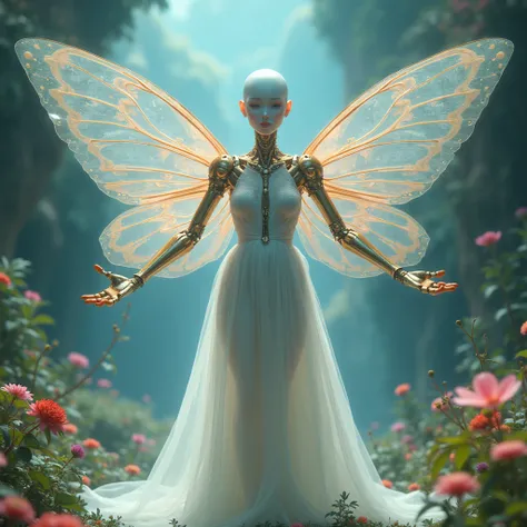 a bald head, butterfly wing trick, transparent white dress, mechanical fairy, mechanical limbs, (Gabriel Pacheco style page), DonMSt34mPXL, (best quality,4k,8k,highres,masterpiece:1.2),ultra-detailed,(realistic,photorealistic,photo-realistic:1.37),intricat...