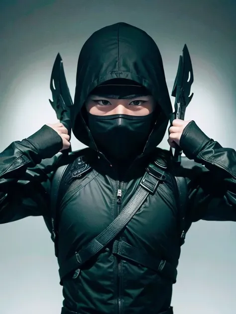 ninja、assassin、black attire、short knife、black mask、in the shadows、move silently、calm expression, male,