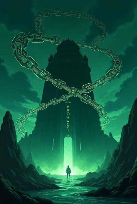 ANIME the word ABSTRACT written on a big temple,chain illustration around,at night,all green,people