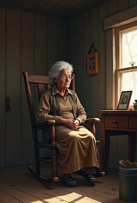 A 7 woman sits in a rocking chair in a small wooden house, her eyes looking ahead as she misses her children.