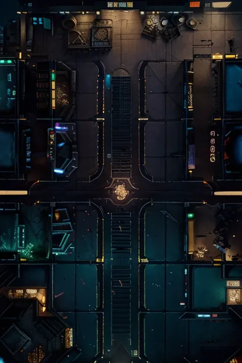 Poor area district battlemap, sprawl area district, cyberpunk slum battelmap, rpg battlemap,KOWLOoN WALLED CITY, chiba station top down map, bord view, ,  chiba station view in the night, neon lights, cyberpunk 2049, Blade Runner style,by Villeneuve, in Vi...