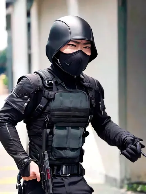 assassin、black attire、suppressed pistol、black mask、in the shadows、move silently、calm expression, male,