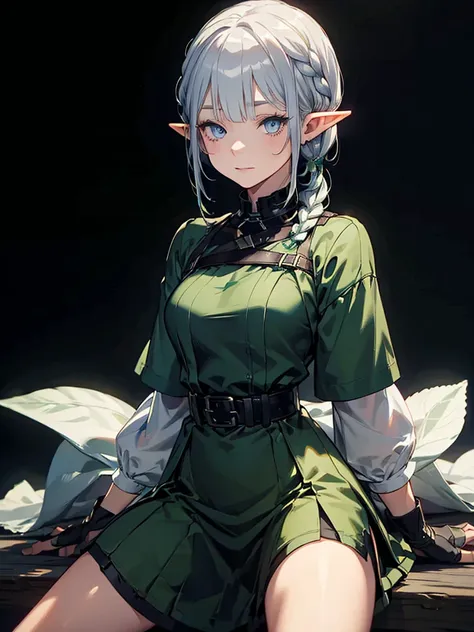 Black background with spotlight、Green clothing、Rinwell-style braided short silver hair、Pointed Ears、Elf、blue eyes、Casual clothing、Long eyelashes,sit