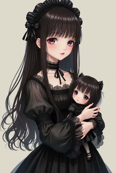 Anime girl with long dark brown hair and straight bangs, of collections, black gothic lolita style dress, with a doll