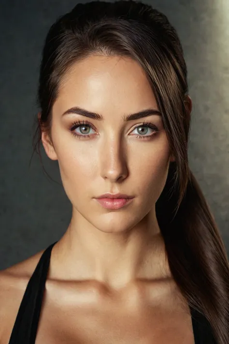 An amazing portrait of a beautiful young brunette woman in dark dress, straight hair, ponytail, great facial feature, perfect eyes, ultra realistic eyes, perfect face, perfect body, cinematic, color analog film photo, realistic hair, ((Perfect Face)), ((Se...