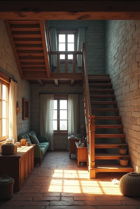 A realistic image of lower 
Middle class interior house made of stones and bricks having stair and curtains in the background