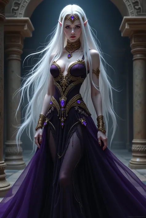 Create a stunning, detailed portrait of Lilith, the first and most powerful vampire in a fantasy setting. Lilith has long, snow-white hair that falls gracefully to her waist, with a slight ethereal glow. Her eyes are a captivating violet, shining with an i...