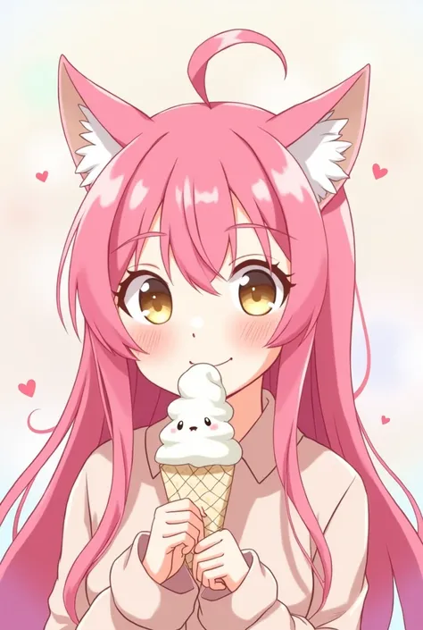 Anime girl with pink hair, eating cat-shaped ice cream.