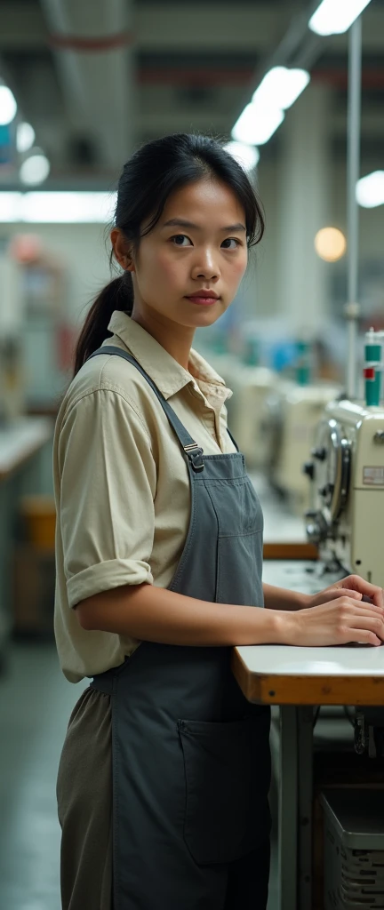 The picture is of a production worker in a garment factory. She is an Asian woman. Please give me a full body picture.