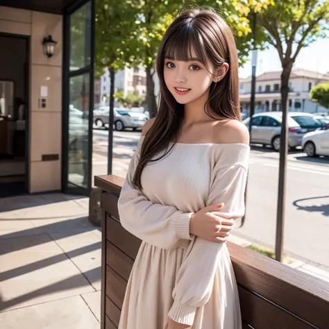 laughing out loud，knee shot, travel scenery photos，long sleeve fishtail dress, The upper body is white, The lower body is brown,  Soft girl clothes，1 female, light brown hair, blunt bangs, hair behind ears, Shoulder-length hair, long hair, Slender body typ...