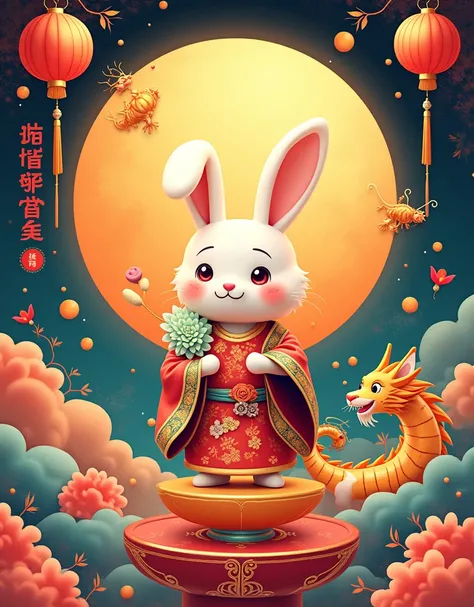 Chinese trend illustration，poster design，Mid-Autumn Festival poster，Microscopic world cute rabbit，Chang&#39;e，Dragon and Tiger，Crouching Tiger, Hidden Dragon，moon cake，Full Moon，4D，