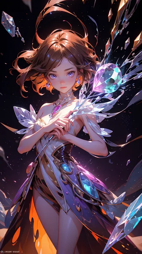 A mesmerizing scene featuring a beautiful, cute girl with an otherworldly expression, standing amidst a surreal background of suspended, glowing crystals and dripping gems. The girl has multiple arms, each holding a radiant gem similar to the original char...