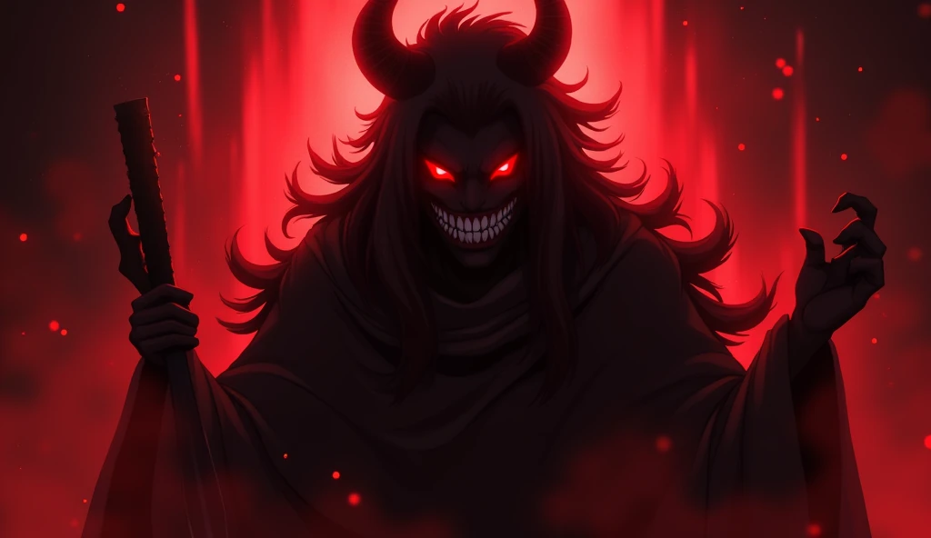 In an anime-style visual used to create an atmosphere of deep darkness and horror, a dark figure with demonic red eyes and flame-like hair is surrounded by intense red colors and dark shadows in the background. The figures face is completely obscured and o...