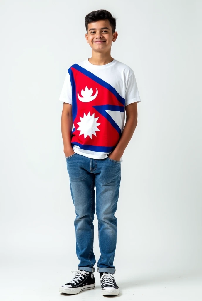 A 18 year boy  wearing jean paint with nepal flag with white background 