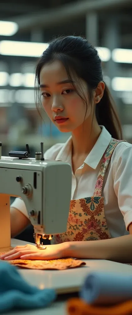 I would like a picture of a beautiful female employee in the production department of a sewing factory. She is an Asian woman. Please give me a full body picture.