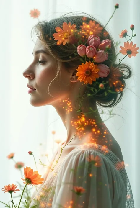 Ethereal portrait of a florist, overlaid
 with blooming flowers through multiple
 exposures, creating an effect of her
 being one with nature. Captured with a
 Fujifilm GFX100S, 80mm f/1.7 lens, the
 blending of her figure with the vibrant
 flora symbolizi...