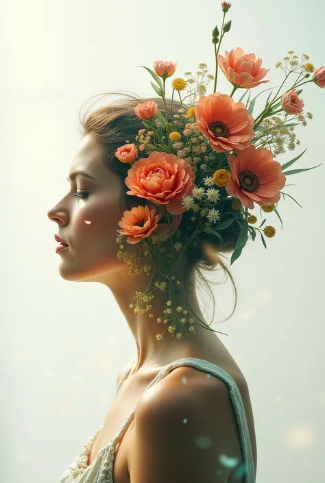 Ethereal portrait of a florist, overlaid
 with blooming flowers through multiple
 exposures, creating an effect of her
 being one with nature. Captured with a
 Fujifilm GFX100S, 80mm f/1.7 lens, the
 blending of her figure with the vibrant
 flora symbolizi...