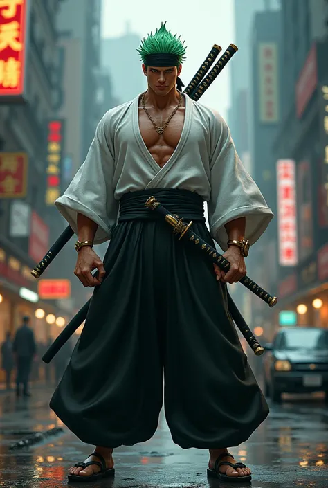 Created Zoro from One Piece in a real-life image。