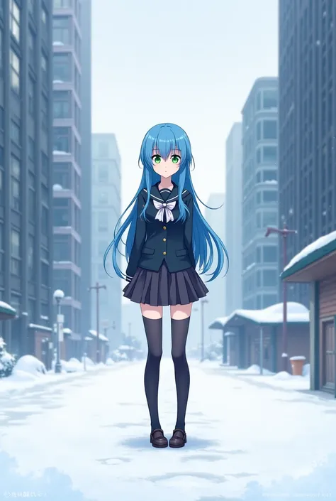 best quality,Ultra-high resolution,1 Girl,Solitary,whole body,snow,City,, Blue Hair,Green Eyes,JK,Uniforms,