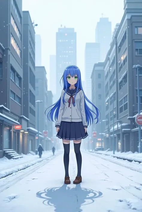 best quality,Ultra-high resolution,1 Girl,Solitary,whole body,snow,City,, Blue Hair,Green Eyes,JK,Uniforms,