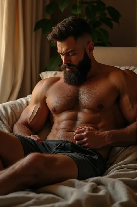 Muscular man with hair on his chest, Naked man without pants, his penis is erect and very large and he is in a room, lying in his bed