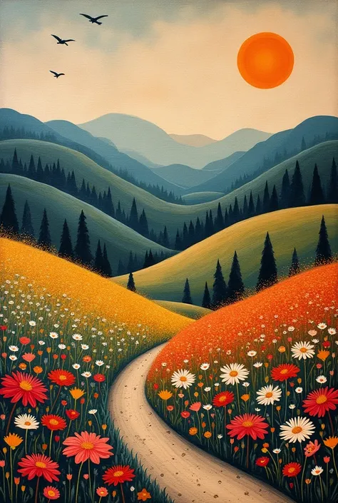 Summer,Hills,indian silk tapestry, Fusion of art style of   tracy miller