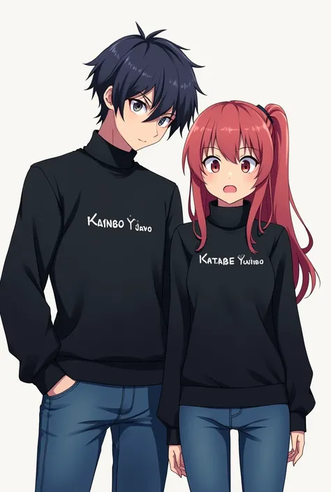 Anime characters in couple style black turtleneck shirt with name on the freaked out man&#39;s shirt on the freaked out girl&#39;s shirt anime themed blue jeans