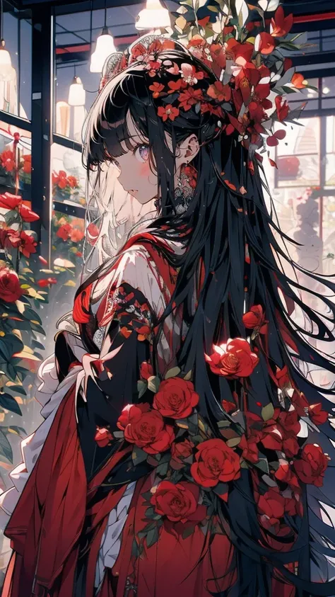 Long flowing black hair, Adorned with red floral accessories, Black and white traditional costume, He is holding a red-hilted sword in each hand., Standing in a calm posture, Surrounded by vibrant red flowers, Warm indoor environment with artistic floral b...