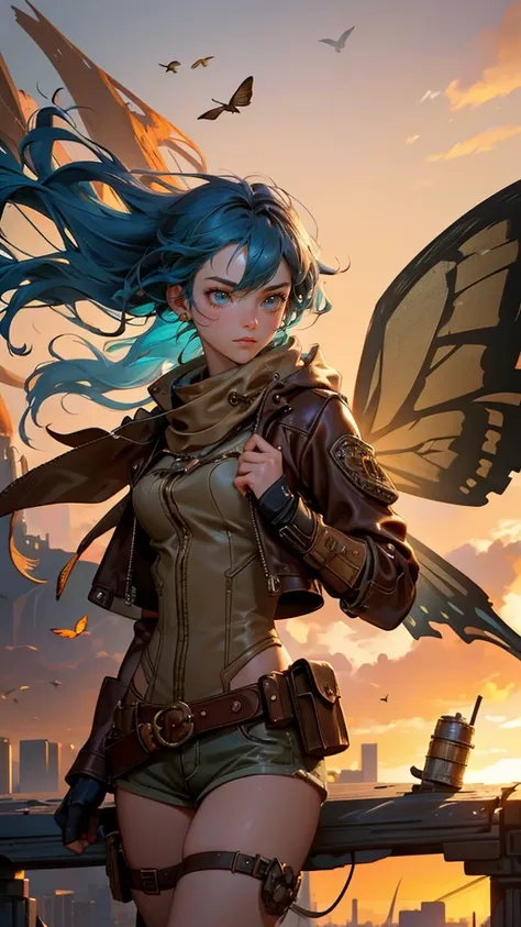 A captivating scene featuring a beautiful, cute girl with wild, blue hair, large steampunk goggles, and a worn leather jacket, now colored in shades of brown. She is airborne, with tattered butterfly wings made of fabric in earth tones, soaring above a cit...