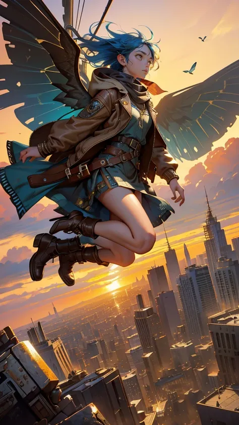 A captivating scene featuring a beautiful, cute girl with wild, blue hair, large steampunk goggles, and a worn leather jacket, now colored in shades of brown. She is airborne, with tattered butterfly wings made of fabric in earth tones, soaring above a cit...