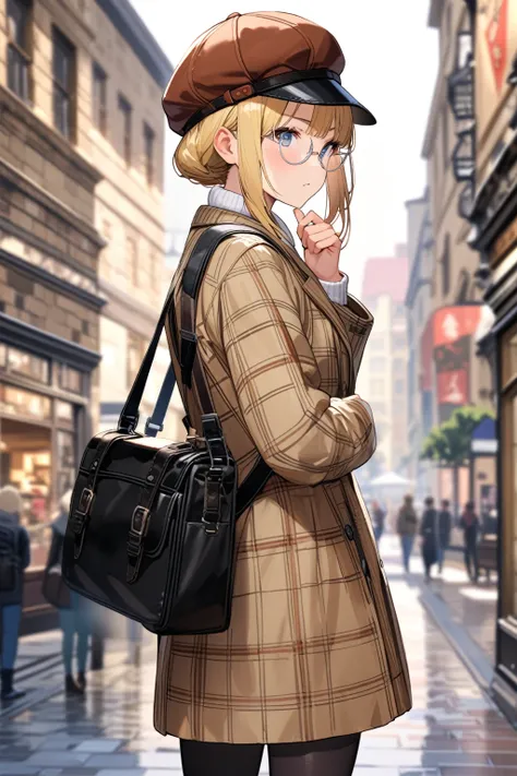 (extremely detailed fine touch:1.3), girl, solo, alone, 2.5d, standing, (((silver semi-rimless round eyewear:1.3))), hand on own chin, long blonde hair, beige tartan check jacket, white long sweater, legging, beige tartan check cabbie hat, leather bag, ext...