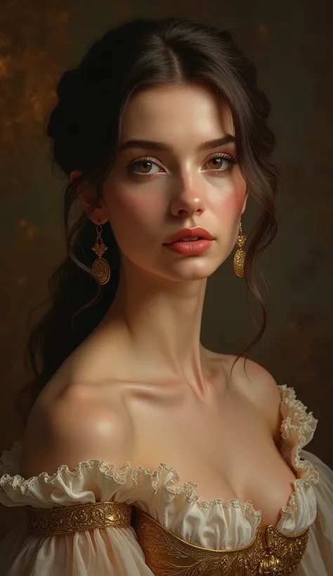 A beautiful detailed portrait of a woman with exquisite makeup, classical oil painting style, by Shirow Masamune and William Tee Kew, (best quality,4k,8k,highres,masterpiece:1.2),ultra-detailed,(realistic,photorealistic,photo-realistic:1.37),extremely deta...