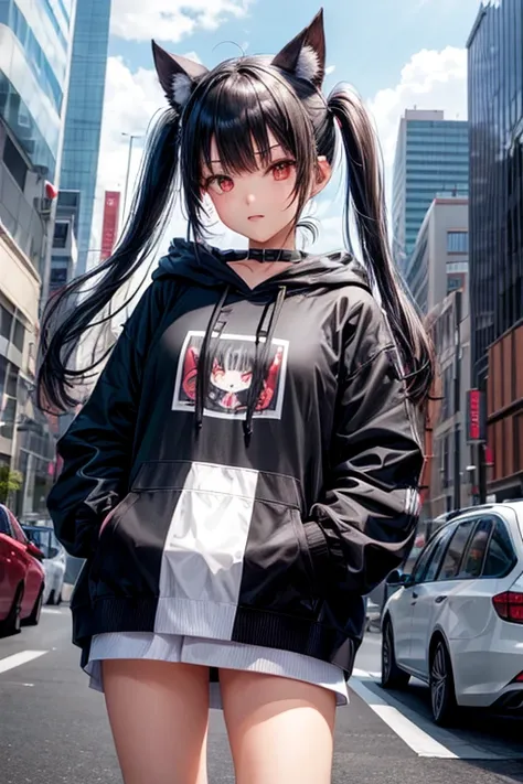 One girl, Are standing,, Home, Twin tails,,skyscraper,Tokyo,building,高層building,hoodie,Hood with ears, gaze, Black Hair, Red eyes, Open your mouth a little, Decorative art, Hime cut, 