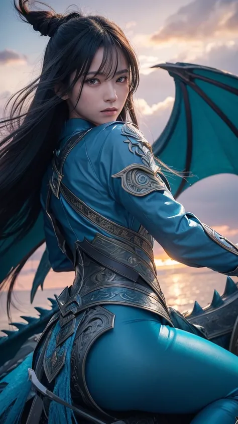 “A striking image of a powerful female warrior with long blue hair, shown in a close-up view as she rides on the back of a massive dragon. The warrior’s hair flows freely in the wind, contrasting with her intricate, dark armor adorned with mystical symbols...