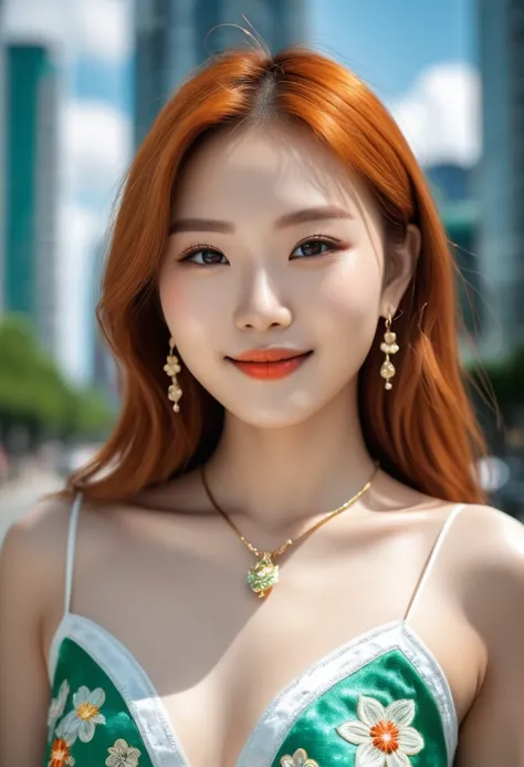 A super cute asian girl, aged 18-20, copper-orange hair and smooth and shiny under the sunlight, milky white and rosy skin, flawlessly beautiful, very sexy and clear almond-shaped black eyes, delicate and perfect eyelids with curved and sparse eyebrows, ex...