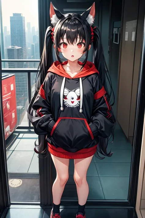 One girl, Are standing,, Home, Twin tails,,skyscraper,Tokyo,building,高層building,hoodie,Hood with ears, gaze, Black Hair, Red eyes, Open your mouth a little, Decorative art, Hime cut, 